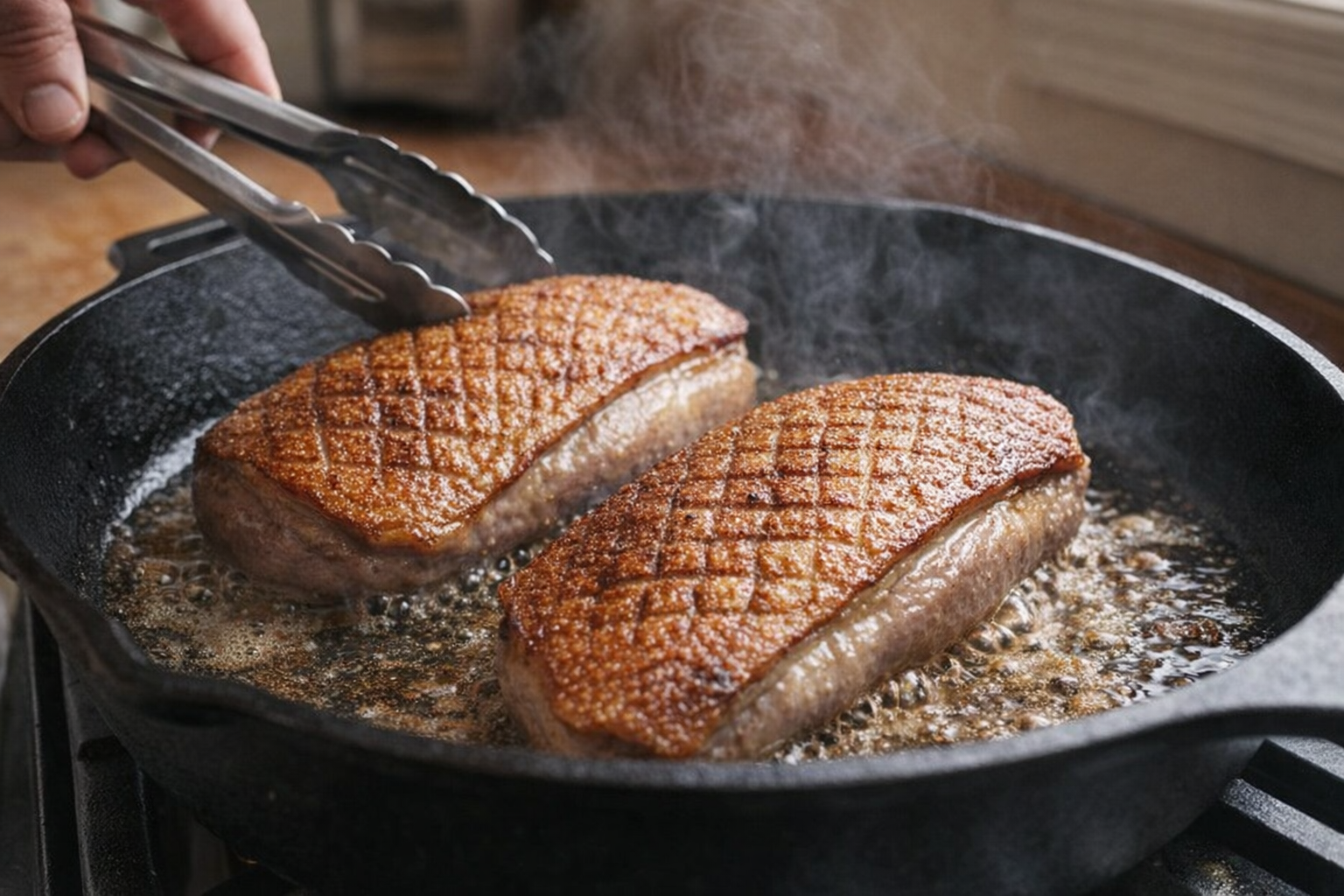 An action shot of duck breast being pan-seared in a cast iron skillet, the skin golden brown and crispy, fat rendering and sizzling, medium heat
